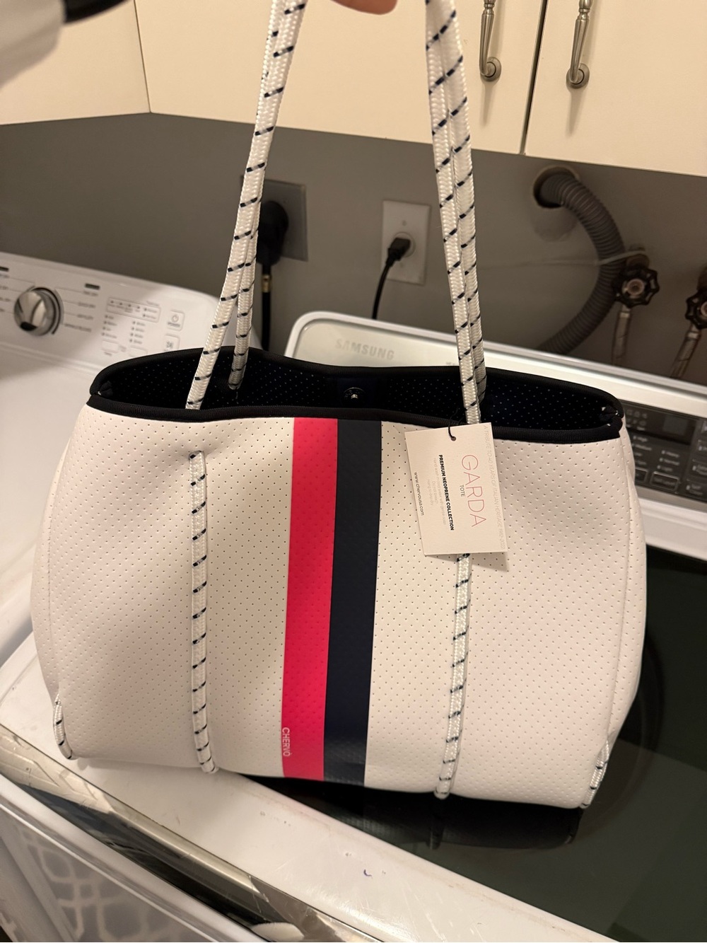HAUTE SHORE White Neoprene Tote with Pink and Navy Stripe